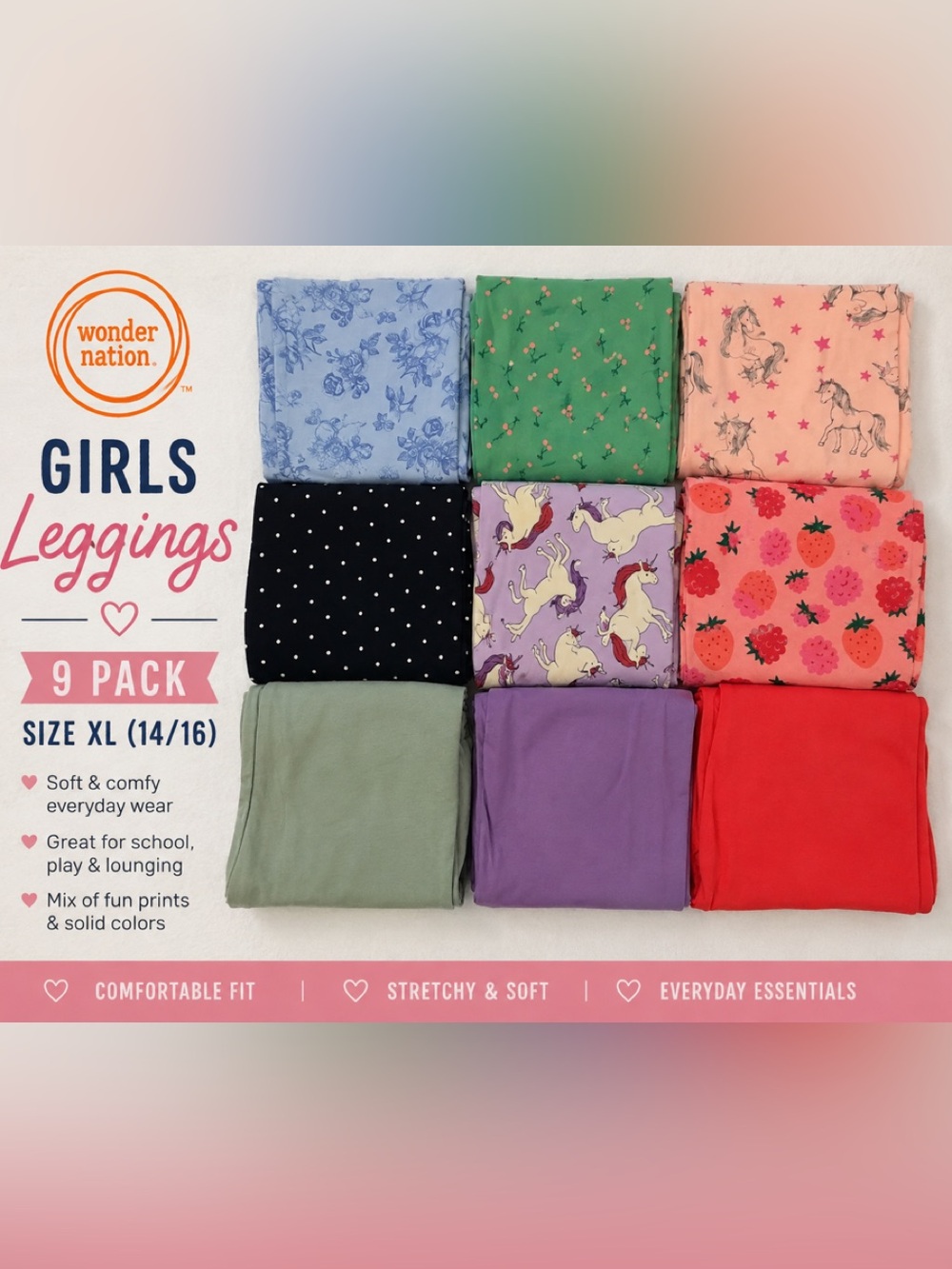 NWT Wonder Nation Girls Leggings Set of 9 size XL 14/16. Prints & Solids